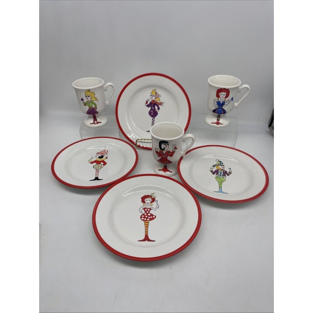 2004 Whimsical Women Wine Themed 4 Dessert Plates & 3 Footed Mugs Fun Friends